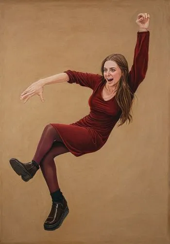 Human, female, pale skinned, long hair (one-side) (brown hair), panic.

Clothes : maroon-coloured dress (long-sleeves), see-through stockings/leggings, brown outdoor shoes.

still life, oil painting, 