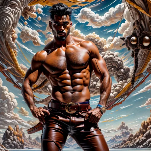 god of thunder,muscle icon,daemon,hercules winner,drago milenario,fantasy art,wind warrior,ironworker,wolverine,muscle man,masculine,biomechanical,barbarian,heroic fantasy,perseus,male character,hercules,sci fiction illustration,macho,damme