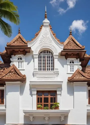 Dutch colonial style building, ornate facade, rectangular shape, steeply pitched roof, multiple dormer windows, wooden shutters, white walls, brown tiles, intricate stonework, arched entrance, tropica