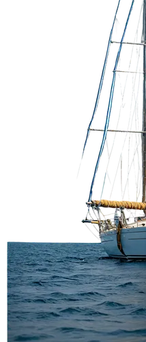 Large sailing yacht, white sails, blue hull, golden trim, intricate rigging, anchor at bow, wake behind, majestic posture, sunlight reflecting off water, 3/4 composition, shallow depth of field, soft 