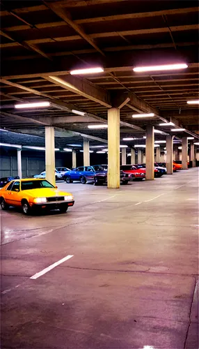 Multi-level parking garage, urban architecture, concrete structure, steel beams, fluorescent lighting, rows of pillars, asphalt floor, parked cars, sedans, SUVs, sportscars, license plates, 3/4 compos