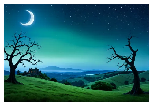 moon and star background,landscape background,moonlit night,night scene,green landscape,crescent moon,fantasy landscape,moonlighted,nature background,ratri,green aurora,fantasy picture,night sky,moonbeams,cartoon video game background,dusk background,hanging moon,night stars,twiliight,moonlit,Conceptual Art,Oil color,Oil Color 17