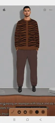 Digital drawing on maniqan with black shoes with dark brown shoes with tiggery design with brown shoes with high t-shirts neck ,a guy on a podium wearing a tiger sweater,finkleman,baldi,woodman,simiti