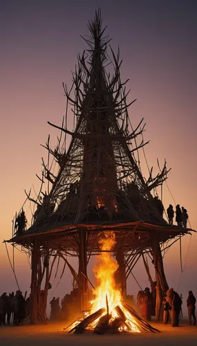 burning man,bonfire,tepee,winter festival,paganism,walpurgis night,celebration of witches,cauldron,fire ring,burning torch,drip castle,burning of waste,teepee,tipi,brazier,shamanism,druids,pillar of fire,shamanic,fire bowl,Illustration,Retro,Retro 25