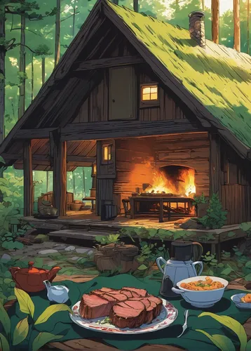 log home,log cabin,outdoor cooking,summer cottage,the cabin in the mountains,campfires,house in the forest,small cabin,log fire,cooking book cover,cottage,lodge,barbecue,cabin,barbecue area,campfire,autumn camper,southern cooking,rustic,s'more,Illustration,Japanese style,Japanese Style 13