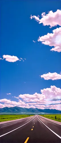 Highway, asphalt road, straight line, speeding cars, sun glare, blue sky, white clouds, afternoon light, shallow depth of field, cinematic composition, panoramic view, concrete barriers, green grassla