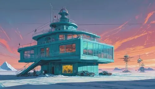 snowhotel,outpost,winter house,ice planet,snow house,cosmodrome,cybertown,lifeguard tower,retro diner,iceburg,ice cream shop,watertower,electric tower,ski resort,summit castle,electric gas station,cellular tower,cubic house,house of the sea,research station,Conceptual Art,Sci-Fi,Sci-Fi 24