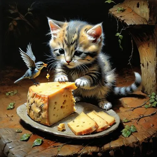 tea party cat,kittelsen,catano,cheese plate,fromage,padano,Illustration,Realistic Fantasy,Realistic Fantasy 32