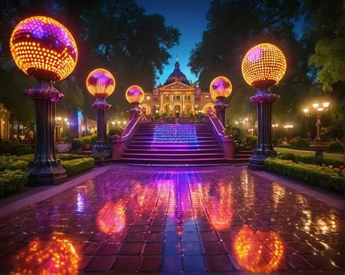 the park at night,hanoi,luminarias,ha noi,shanghai disney,vietnam,hcmc,timisoara,xishuangbanna,epcot ball,vesak,bendigo,decorative fountains,krathong,istana,penh,colored lights,diwali festival,hue city,queretaro,Illustration,Realistic Fantasy,Realistic Fantasy 38