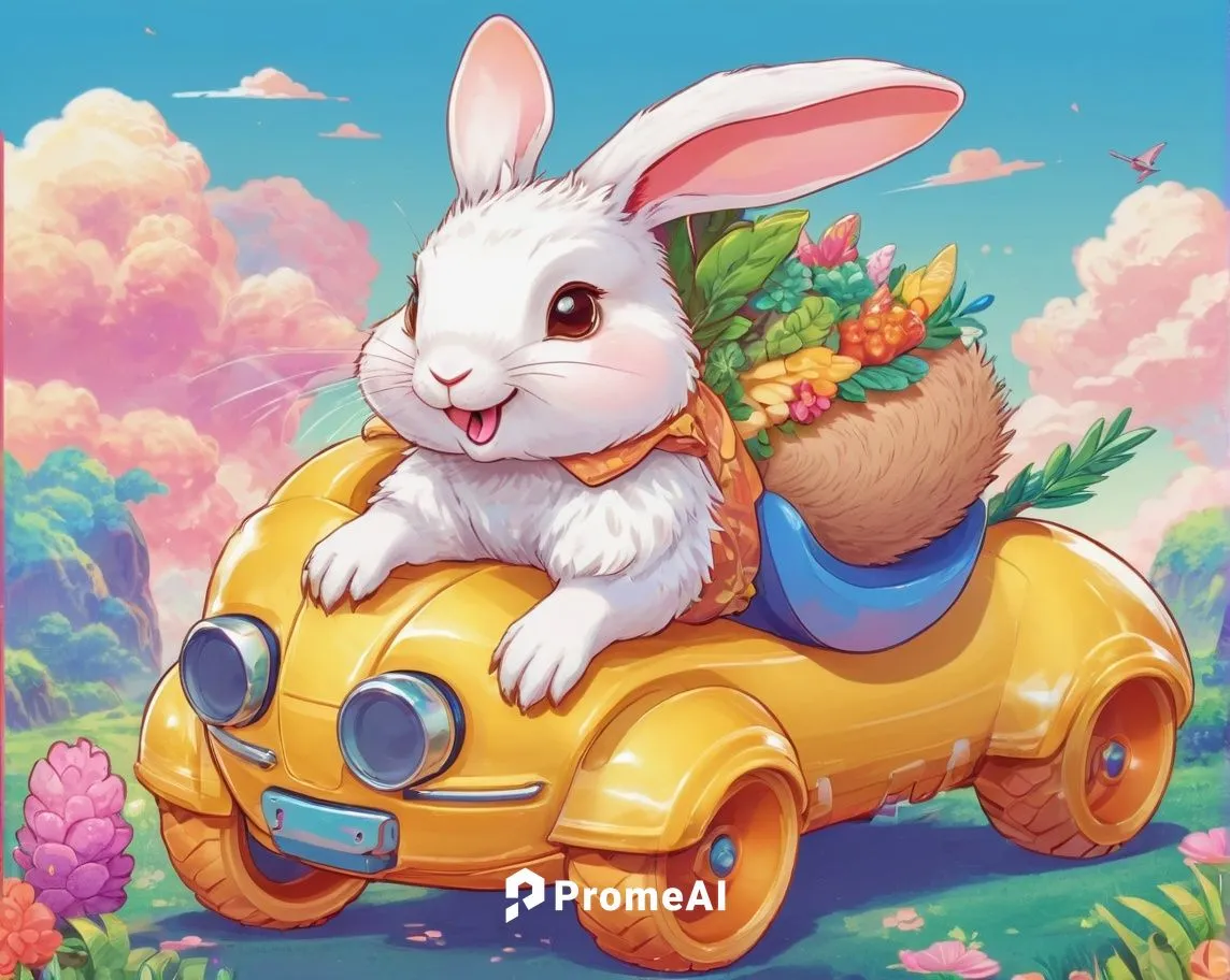 A rabbit rides on an anteater,easter background,easter theme,easter truck,easter rabbits,ostern,cartoon rabbit,flower car,easter bunny,cartoon bunny,easter card,springtime background,bunny,colbun,spri