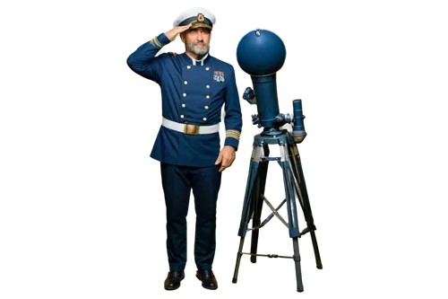 Middle-aged man, sea captain, solo, (45yo), strong facial features, short white beard, blue eyes, worn skin, navy blue uniform, golden epaulets, white hat, holding telescope, standing with legs apart,