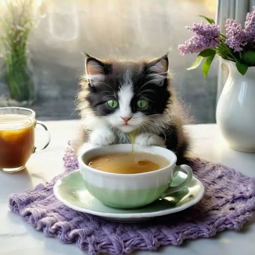 tea party cat,cat drinking tea,cat coffee,teacup,cup and saucer,teatime,Conceptual Art,Sci-Fi,Sci-Fi 02