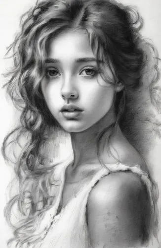 girl drawing,charcoal drawing,girl portrait,mystical portrait of a girl,charcoal pencil,graphite,Illustration,Black and White,Black and White 35