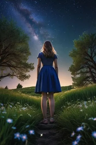 fantasy picture,photo manipulation,children's background,little girl fairy,stargazer,fireflies,urantia,photomanipulation,starflower,dreamer,photoshop manipulation,starry sky,night stars,forget me not,fairy galaxy,girl with tree,night image,mystical portrait of a girl,wonder,cosmos field,Photography,General,Realistic