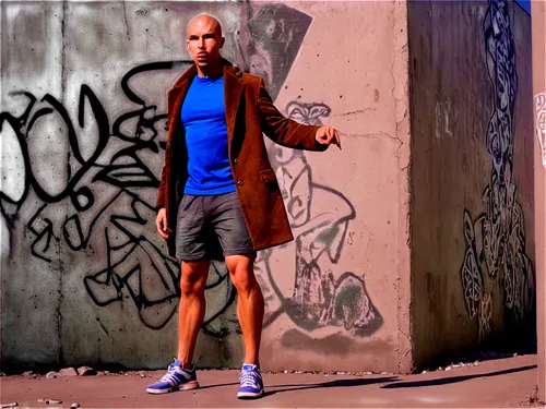 Pitbull dog, standing, muscular body, short fur, brown coat, strong legs, athletic build, serious facial expression, ears up, tongue out, urban background, graffiti wall, concrete floor, dynamic pose,