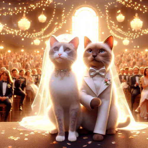 a couple of cats standing next to each other on a table,wedding icons,cat pageant,tuxedoes,tuxes,tuxedos,nuptials