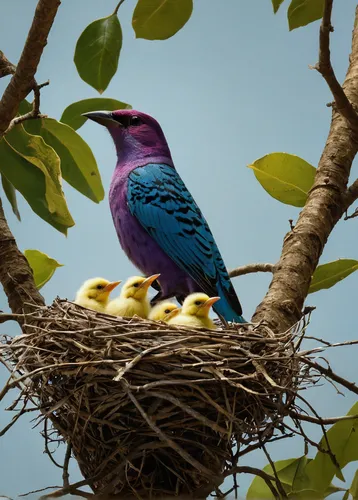 Write a heartwarming story about a pompadour cotinga building a nest for its newborn chicks.,lilac-breasted roller,lilac breasted roller,purple martin,indigo bunting,blue-headed quail-dove,tropical bi