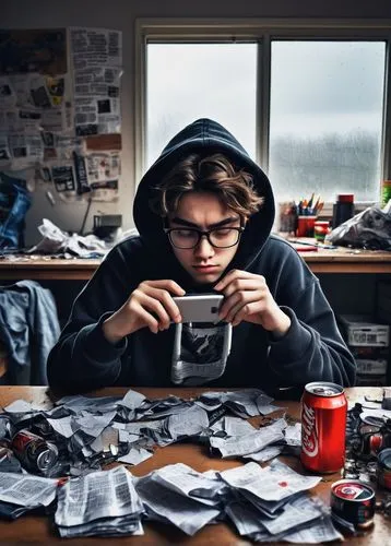 Sarcastic teenager, messy brown hair, thick black glasses, acne on forehead, casual worn-out jeans, oversized hoodie, holding a smartphone, sitting on a cluttered desk, surrounded by empty energy drin