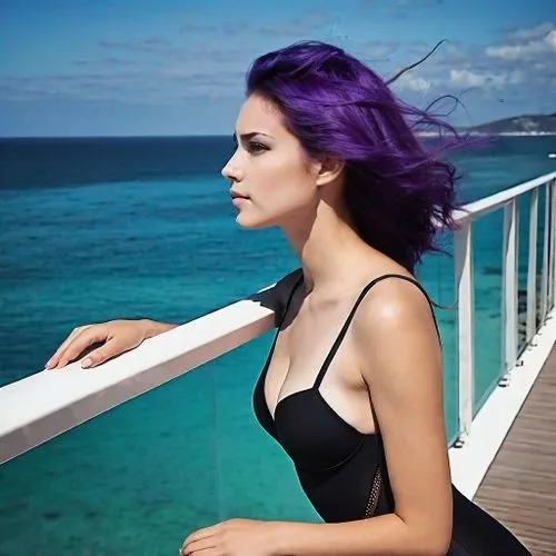 replace the color of the hair with purple,a young woman posing on the top of a pier next to a body of water,roxo,purple blue,purple,purple dress,purple skin,morado