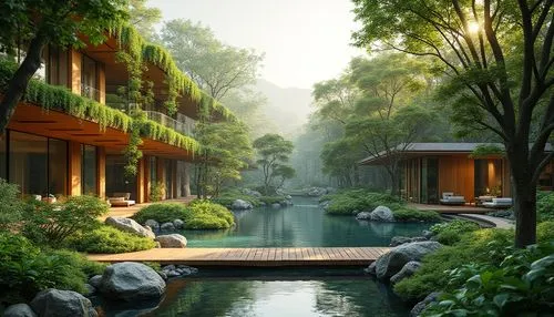 Serene natural surroundings, lush greenery, meandering water features, wooden bridges, stone pathways, modern minimalist architecture, curved lines, large windows, sliding glass doors, cantilevered ro