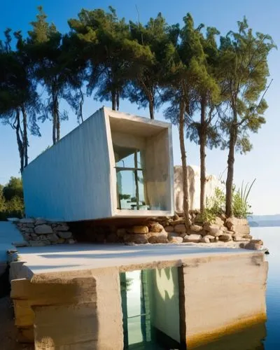 Diseño de 3 cabañas, estilo mínimalista a base de cubos recubiertos de lámina de acero con un ventanal panorámico qué mira  un lago, agua azul, reflejos, sombras, corrección de herrores, proporción, f