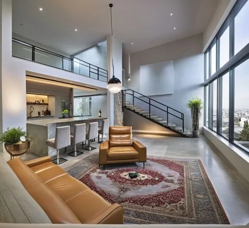 In a dimly lit room with a high ceiling, a minimalist style loft combines seamlessly with modern armchairs and an intricate Persian-style rug. The space is peaceful and minimalist, with sunlight filte