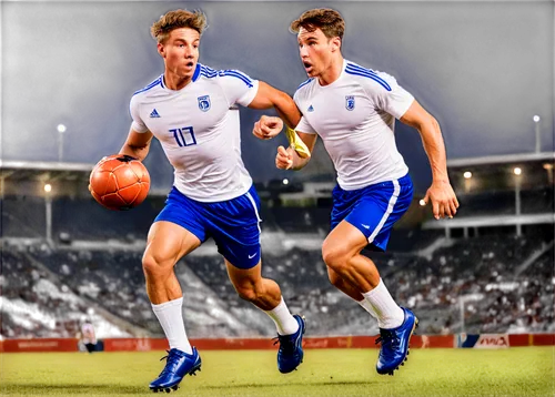 Male athlete, football player, dynamic action, muscular body, sweaty skin, messy short hair, determined facial expression, wearing a white jersey, blue shorts, shin guards, cleats, holding a ball, kic