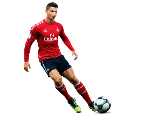 Cristiano Ronaldo, athletic build, short spiky hair, sharp facial features, bright eyes, strong jawline, fit physique, soccer jersey, shorts, cleats, ball at feet, dynamic pose, action shot, stadium b