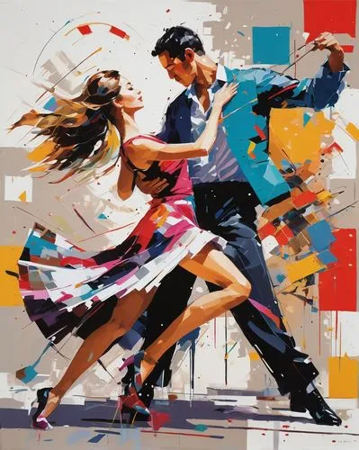 A young dance couple, sweeping movement, abstract bold brushstrokes, lively animation,dance with canvases,love dance,bailar,dancing couple,argentinian tango,dancesport,danser,dance,milonga,kizomba,dan