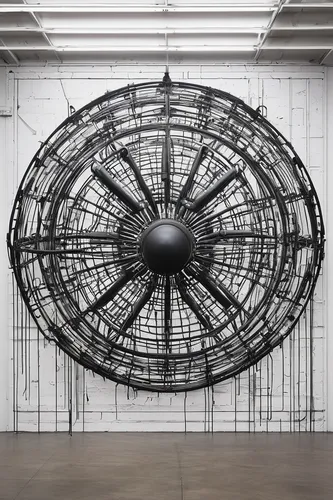 klaus rinke's time field,steel sculpture,kinetic art,mechanical fan,hamster wheel,bicycle wheel,wire sculpture,gyroscope,helicopter rotor,rotor,panopticon,wind machine,car sculpture,armillary sphere,wind engine,sputnik,cyclocomputer,decorative fan,turbine,electric fan,Conceptual Art,Graffiti Art,Graffiti Art 11