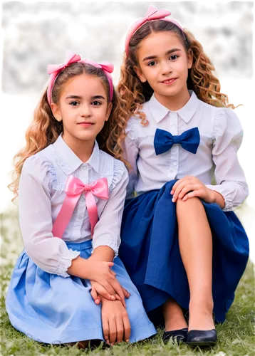 Little girls, portrait, two children, 5-7 years old, cute facial expressions, big brown eyes, curly blonde hair, pink ribbons, rosy cheeks, gentle smiles, white blouses, blue skirts, knees bent, sitti