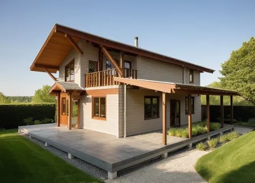 small modern house surrounded by a garden.
The walls are wood white. Gray roof.,a house with a deck in the middle of a yard,passivhaus,glickenhaus,wooden house,chalet,danish house,lohaus,Photography,G