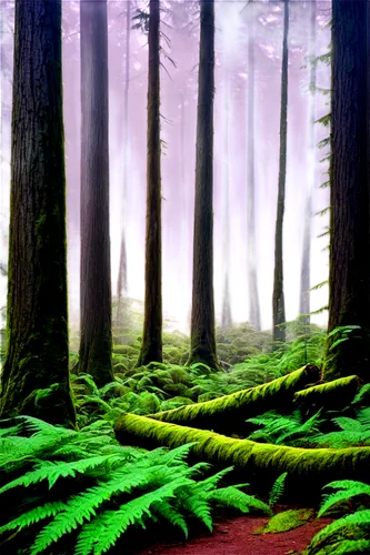 Dense forest, misty atmosphere, tall trees, intertwined branches, lush green leaves, vibrant ferns, moss-covered trunks, rustic wooden logs, warm sunlight filtering through canopy, soft dappled shadow