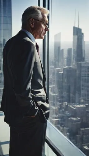 Modern skyscraper, glass and steel structure, sleek lines, urban cityscape, businessman, mature man, suit, tie, briefcase, confident posture, standing, looking out the window, city view, morning light