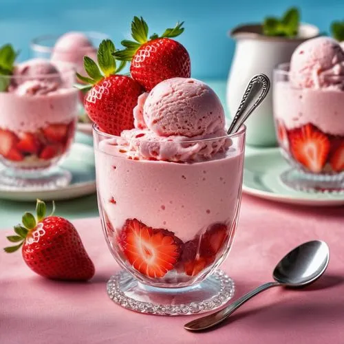 Strawberry icecream with beautiful presentation in a very cute and beautiful glass with  spoon  in it,strawberry dessert,strawberry ice cream,strawberry smoothie,raspberry cups,cranachan,berries on yo