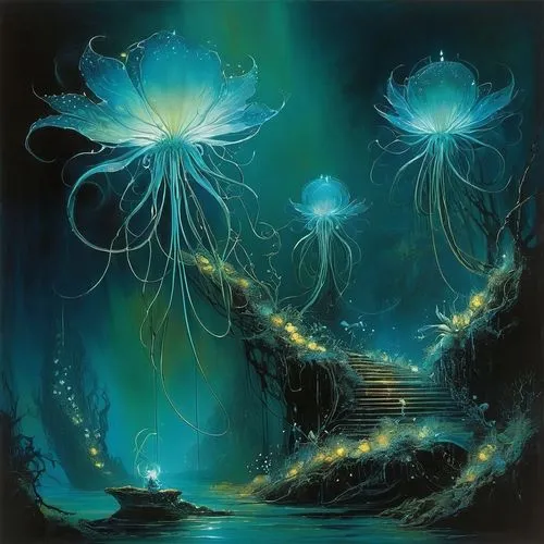 cnidaria,water lotus,cnidarian,sea fantasy,undersea,fantasy art,aquatic plants,underwater landscape,deep sea nautilus,fantasy picture,blue anemones,antasy,cosmic flower,deep sea,apiarium,under sea,cluster-lilies,the bottom of the sea,bioluminescence,sacred lotus,Illustration,Realistic Fantasy,Realistic Fantasy 16