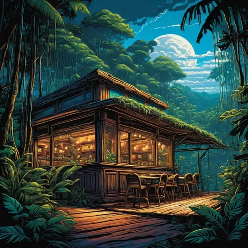 tropical house,treehouse,japanese restaurant,tree house hotel,stilt house,wooden hut,polynesia,cabana,a restaurant,golden pavilion,floating restaurant,house in the forest,log cabin,bahian cuisine,wooden house,alpine restaurant,the cabin in the mountains,food hut,floating huts,the golden pavilion,Illustration,Realistic Fantasy,Realistic Fantasy 25