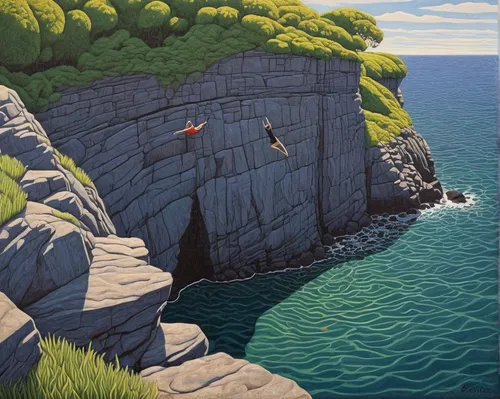 Graceful Cliff Dive Painting by Emily Olson,cliffs ocean,take-off of a cliff,the cliffs,limestone cliff,cliff face,cliff,cliff top,cliffs,carrick-a-rede,red cliff,abseiling,cliff coast,split rock,base