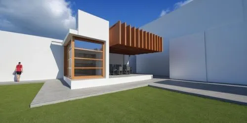 AREA DE CONVIVENCIA, CON PERGOLAS DE CONCRETO, LOSA CON REMATE DE VIGA DE ACERO, ESPEJO DE AGUA ,a person walking out of an open door on a building,cubic house,modern house,cube house,3d rendering,ske