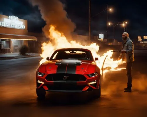 A Red 2022 GT500 Mustang sports car with two black race stripes, Car on Fire, Realistic, cinematic, ,a person standing next to a red sports car in the road,ford mustang,lamborghini urus,shelby,roush,m