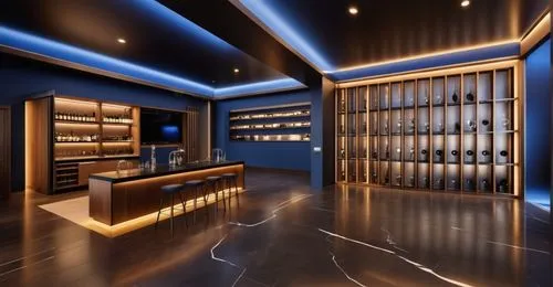 Wine bar store design combines overall dark design with walnut furniture
The left wall is done the same way as the reference photo.
The ceiling is also the same as the reference photo, but the interio