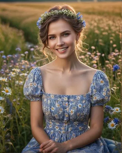 Beautiful Russian woman in a beautiful summer sundress with a small flower, light brown long hair, braided in a lush braid, pronounced beautiful eyes, beautiful face looking directly into the camera, 