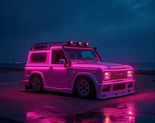 (High Definition HD) 2024 SUV sport 4x4w 3 door car decorated as a pink low car, parked by the sea at night.,an artistic, psychedelicly colored, station wagon parked in front of the ocean,kijang,daiha