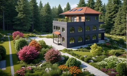 forest house,house in the forest,model house,garden elevation,villa,landscaped,Photography,General,Realistic