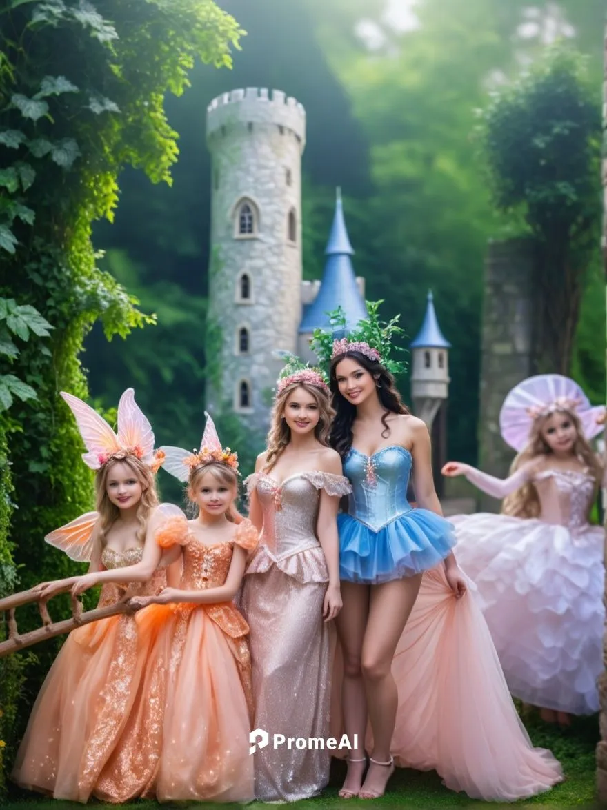 A group of fairies don their own costumes and form a hedge group as they join a group in the enchanting fairy tale of Tale Castle.,fairy tale castle,fairytale characters,fairy village,fairy world,vint