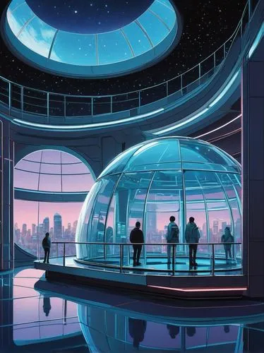 futuristic landscape,cinerama,futuristic art museum,arcology,planetariums,coruscant,futuristic architecture,ringworld,spaceport,sky space concept,planetarium,sedensky,spaceship interior,holodeck,musical dome,sci fiction illustration,peoplemover,futurists,technosphere,starbase,Illustration,American Style,American Style 15