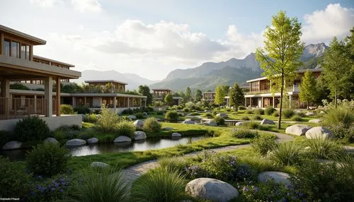 3d rendering,alpine village,render,cryengine,streamwood,ecovillages,3d rendered,landscaped,netherwood,ecotopia,3d render,ecovillage,alpine landscape,mountain settlement,salt meadow landscape,riverwood,oberland,rendered,home landscape,sake gardens