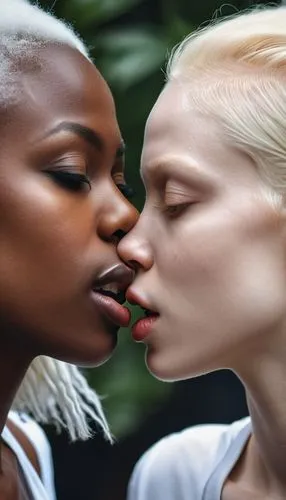 An albino girl kissing a black girl,black couple,interracial,nonracial,colorism,complexions,black models,multiracialism,beautiful african american women,albinism,pigmentation,labios,girl kiss,tonguing