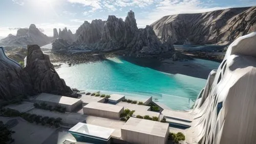 futuristic landscape,imperial shores,elphi,lavezzi isles,futuristic architecture,calatrava,terraforming,santiago calatrava,infinity swimming pool,atlantis,mountain settlement,navajo bay,development concept,artificial island,virtual landscape,3d rendering,concept art,floating islands,futuristic art museum,diamond lagoon,Architecture,General,Futurism,Organic Futurism