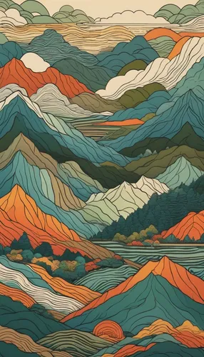 Imagine a serene nature scene and create a geometric pattern using earthy tones.,mountainous landforms,mountains,mountain ranges,dune landscape,mountainous landscape,autumn mountains,the landscape of 